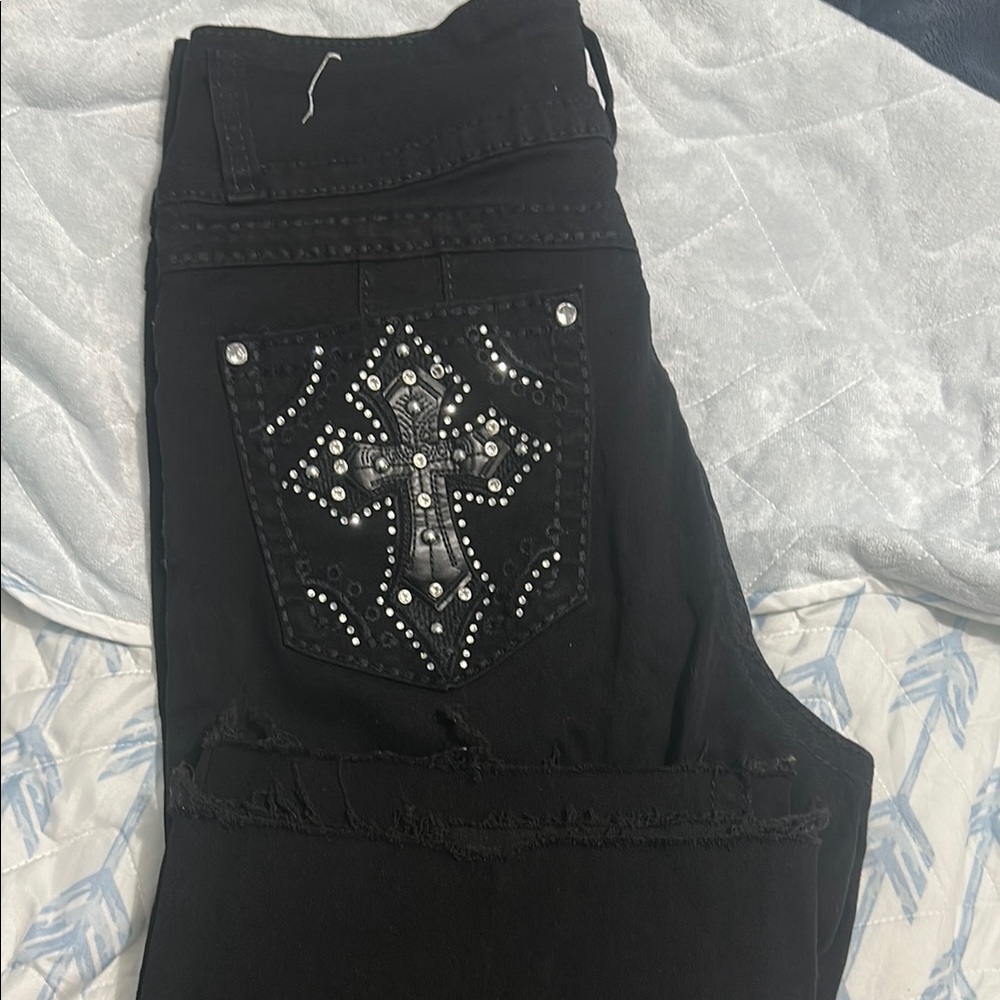 High Rise Black Jeans with Rhinestone Cross Design